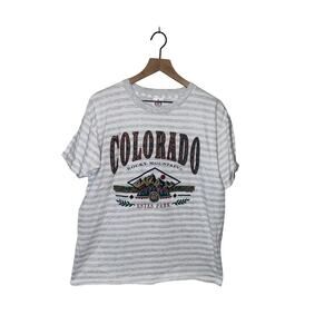 Vintage Colorado Rocky Mountains Shirt Estes Park White Gray Striped Tee 90s VTG